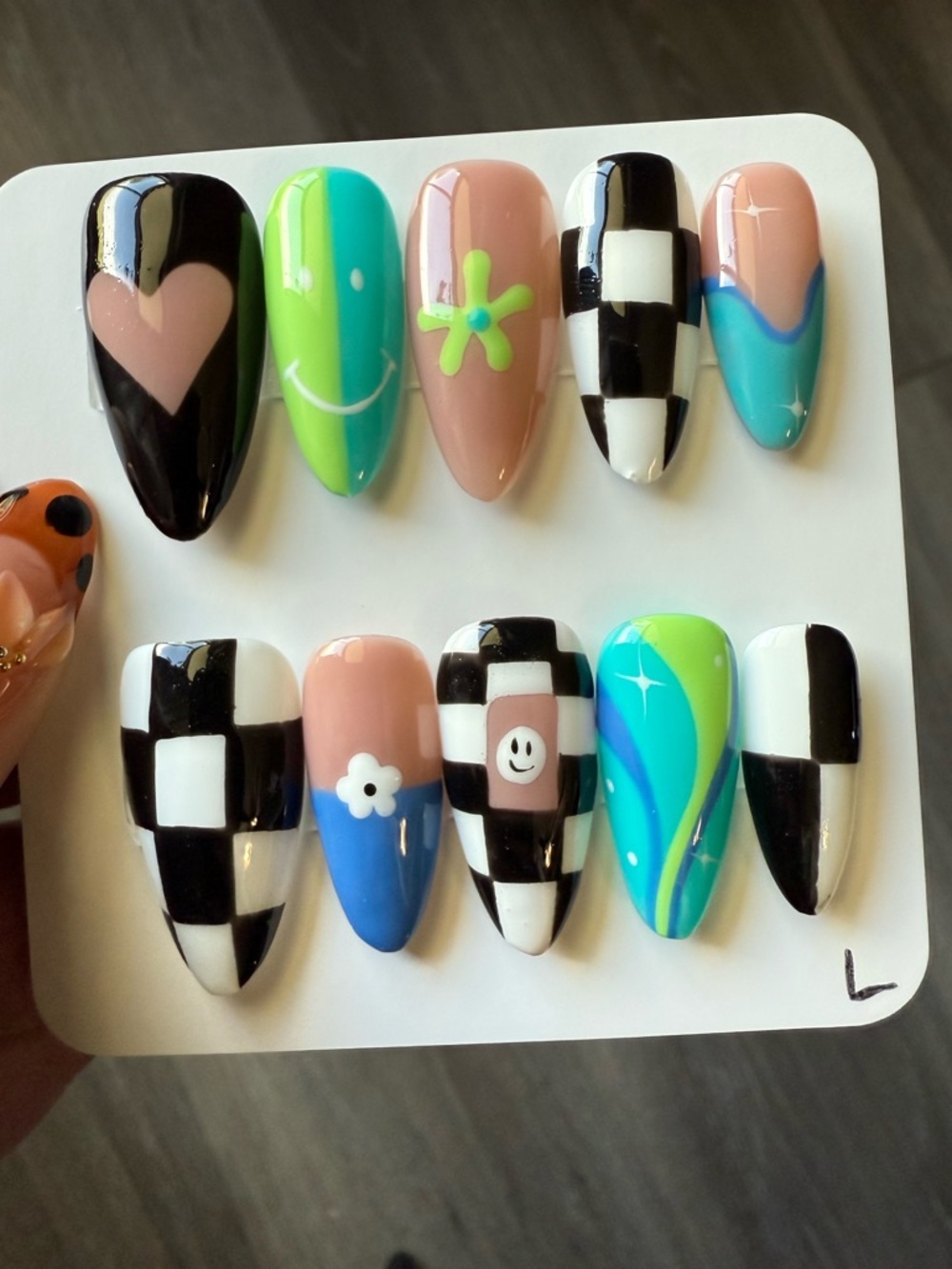 Hand-Painted Press-On Nails — Checkerboard, Neon & Pastel Designs
